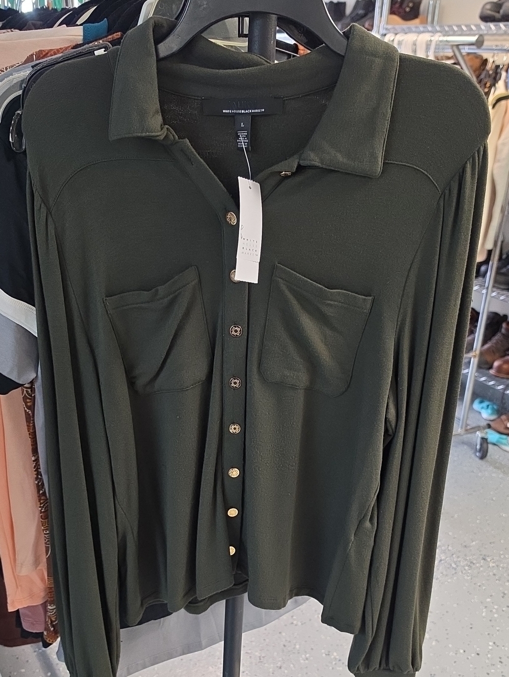 White House Black Market Dark Green Long-Sleeve Button Shirt
